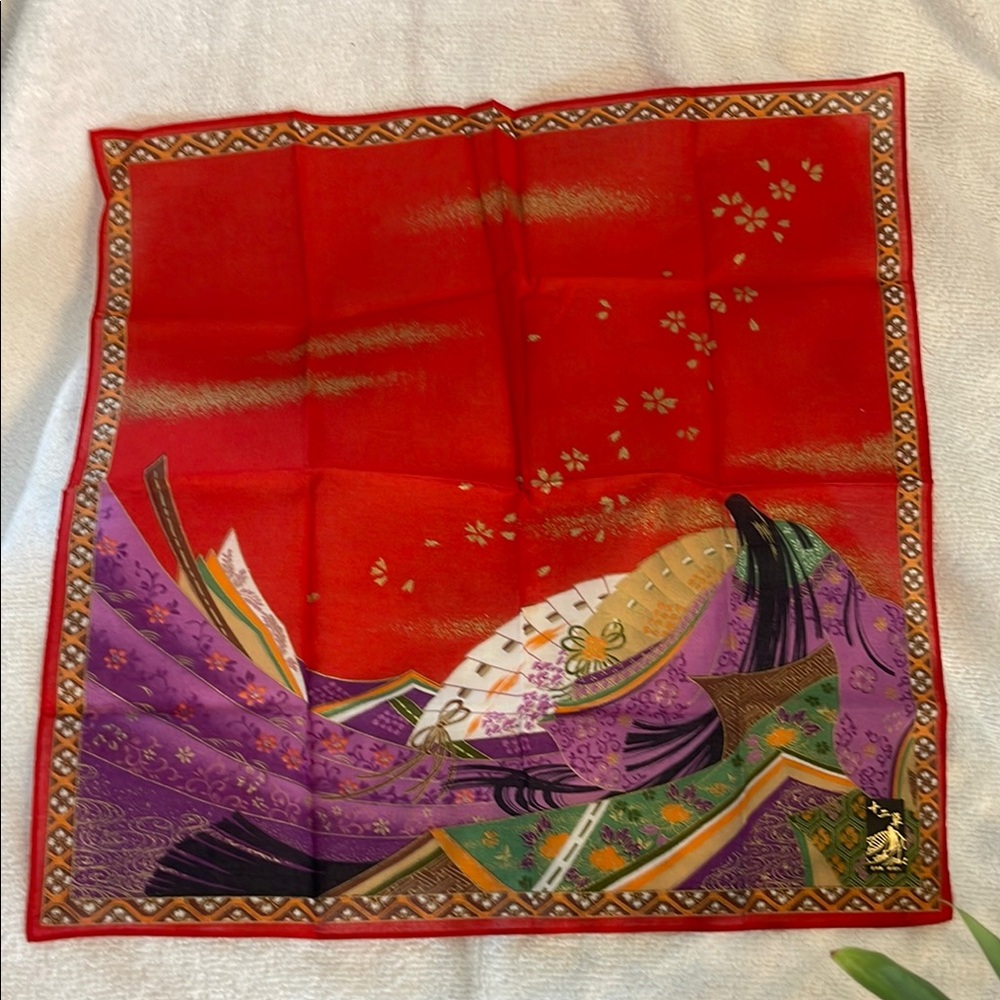 Vintage Mitsukoshi Vibrant Red and Purple Handkerchief with Floral Design